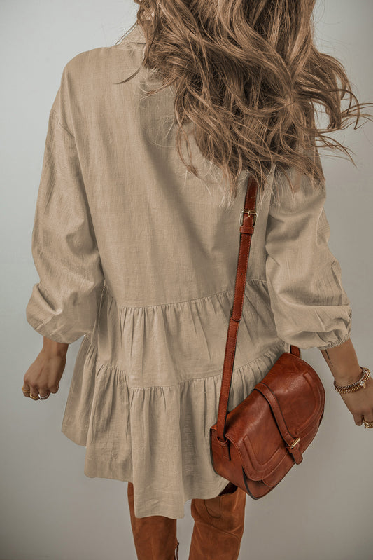 Tan Puff Sleeve Buttoned Tiered Pleated Shirt Mini Dress Mini Dresses JT's Designer Fashion