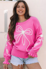 Bright Pink Corded Flower Bow Ribbed Trim Casual Sweater Bright Pink 50%Viscose+28%Polyester+22%Polyamide Sweaters JT's Designer Fashion