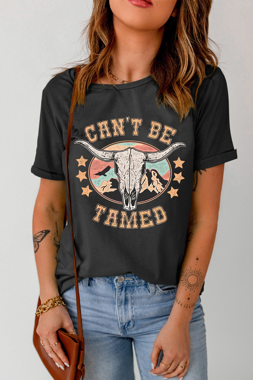 Black Western CAN'T BE TAMED Longhorn Graphic T Shirt Graphic Tees JT's Designer Fashion