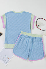 Beau Blue Corded Knit Contrast Trim Round Neck Cap Sleeve 2pcs Short Set Short Sets JT's Designer Fashion
