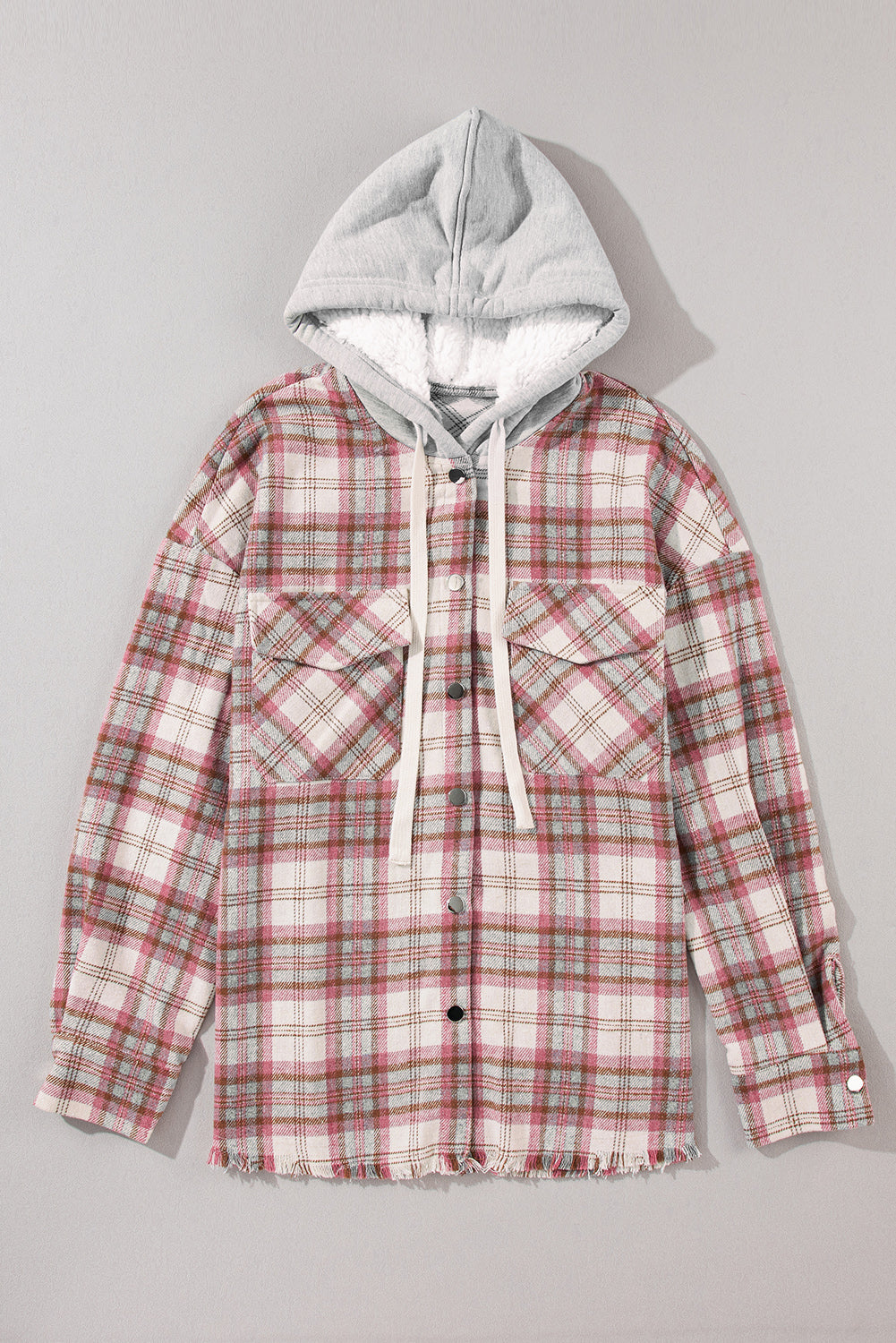 Multicolour Plaid Flap Pocket Hooded Raw Hem Jacket Plaid Shackets JT's Designer Fashion