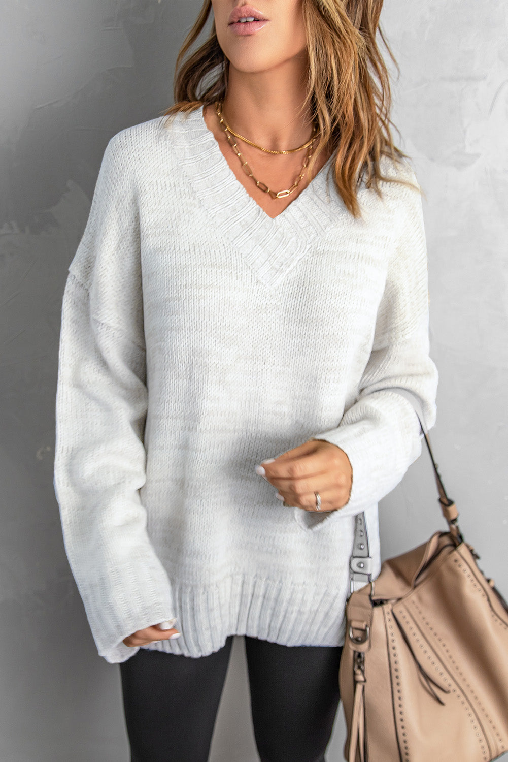 White V neck Drop Shoulder Knitted Sweater Sweaters & Cardigans JT's Designer Fashion
