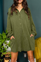 Moss Green Corded Buttons Placket Drop Shoulder Collared Shift Dress Mini Dresses JT's Designer Fashion
