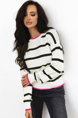 White Stripe Color Contrast Drop Shoulder Crew Neck Sweater Sweaters JT's Designer Fashion