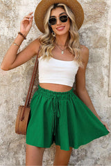 Dark Green Textured Frilled Lace-up High Waist Ruffle Wide Leg Shorts Casual Shorts JT's Designer Fashion