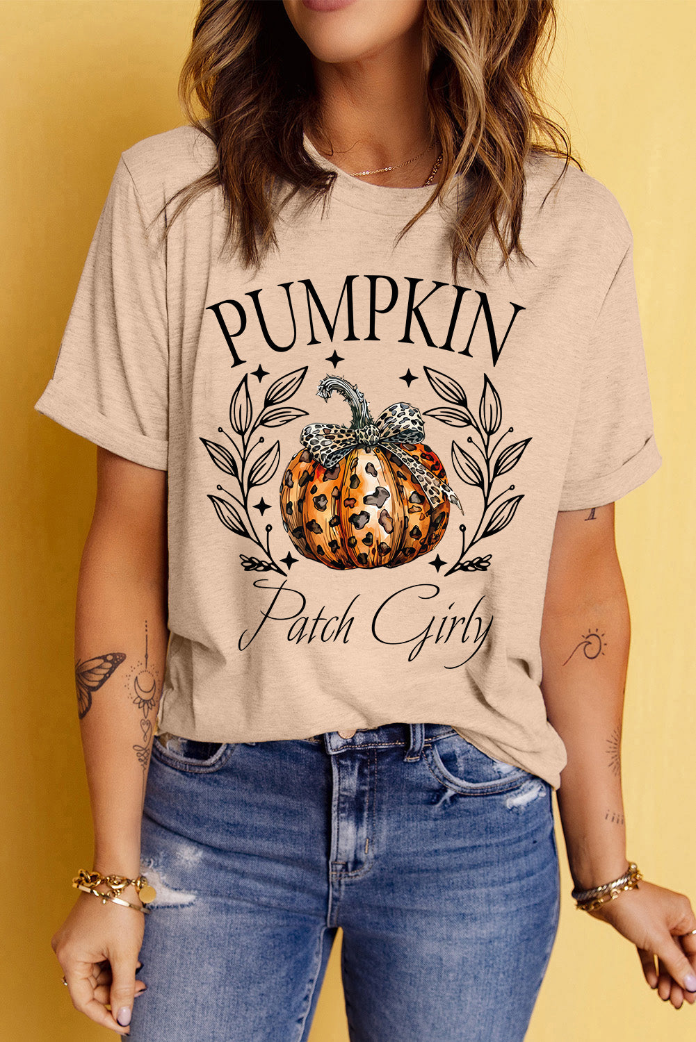 Khaki PUMPKIN Patch Girly Leopard Bowknot Pumpkin Graphic T Shirt Graphic Tees JT's Designer Fashion