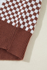Brown Checkered Print Drop Shoulder Round Neck Sweater Sweaters JT's Designer Fashion