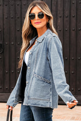Myosotis Scallop Trim Collar Patched Pocket Button Up Denim Jacket Denim Jackets JT's Designer Fashion