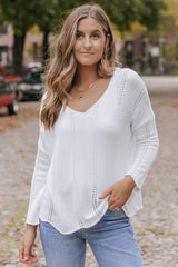 White Hollowed Detail Knitted Loose V Neck Sweater Sweaters & Cardigans JT's Designer Fashion
