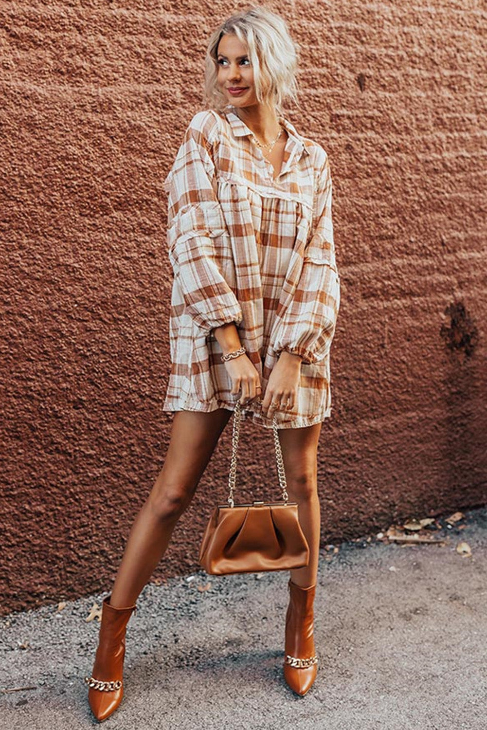Brown Plaid Print Side Pockets Frilled Babydoll Mini Dress Mini Dresses JT's Designer Fashion