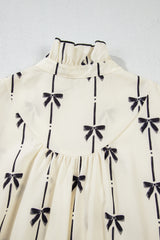 Beige Cute Bowknot Printed Bubble Sleeve V Neck Mini Dress Mini Dresses JT's Designer Fashion