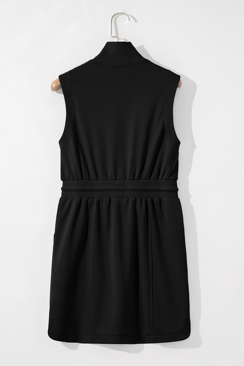 Black French Terry Zipped Collar Sleeveless Drawstring Waist Mini Dress Mini Dresses JT's Designer Fashion