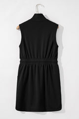 Black French Terry Zipped Collar Sleeveless Drawstring Waist Mini Dress Mini Dresses JT's Designer Fashion