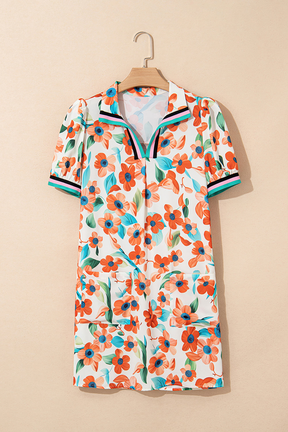 Orange Contrast Trim Floral Split Neck Puff Short Sleeve Tiered Mini Dress Floral Dresses JT's Designer Fashion