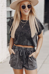 Black Acid Washed Short Lounge Set Short Sets JT's Designer Fashion