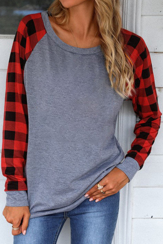 Fiery Red Plaid Raglan Long Sleeve Top Long Sleeve Tops JT's Designer Fashion