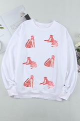 Beige Sequin Cheetah O Neck Drop Shoulder Sweatshirt Graphic Sweatshirts JT's Designer Fashion