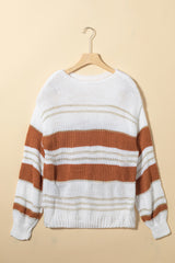 White Striped Knit Puff Sleeve Casual Sweater Sweaters JT's Designer Fashion