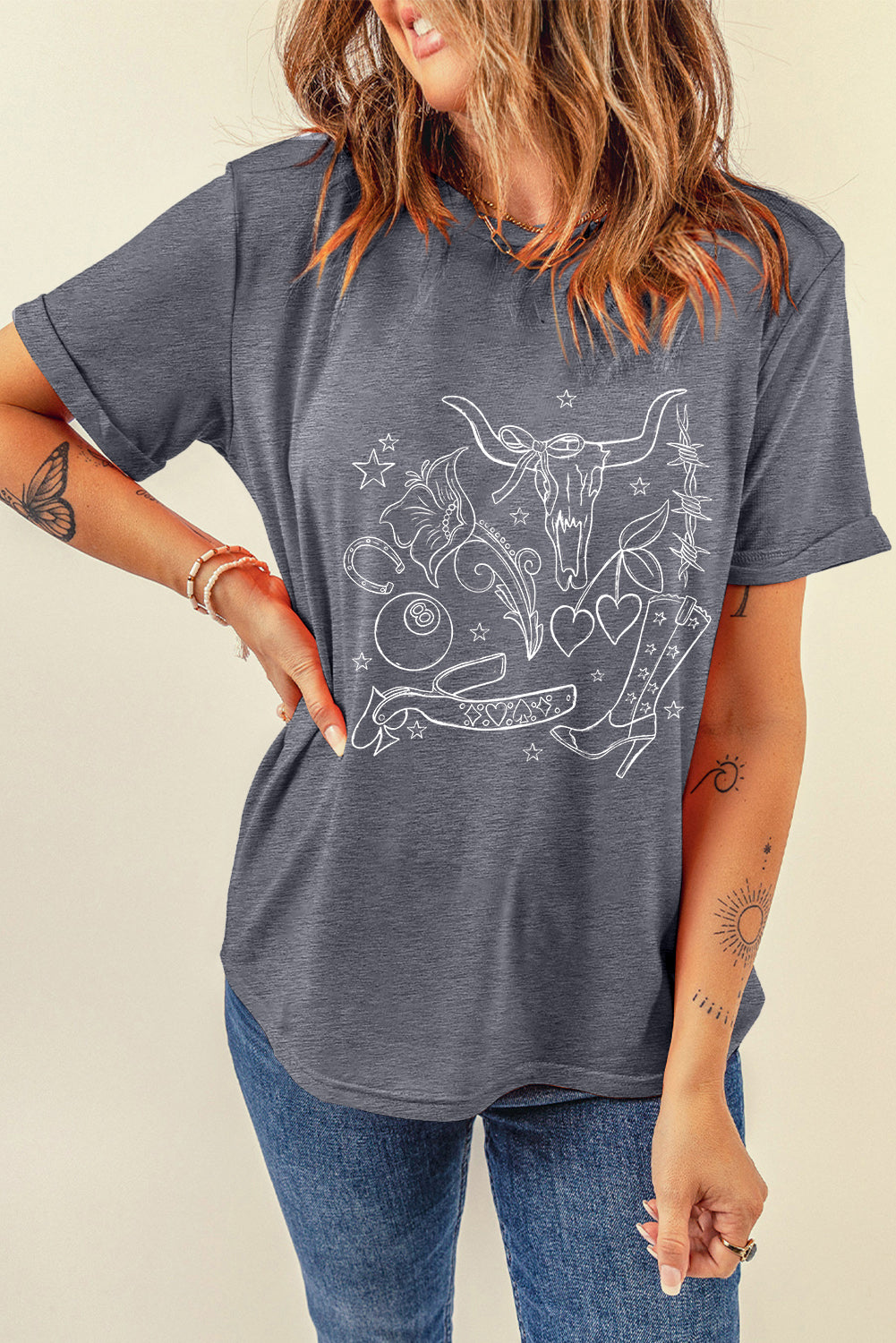 Gray Cowgirl Boots OX Head Western Fashion Print Crewneck Tee Graphic Tees JT's Designer Fashion