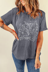 Gray Cowgirl Boots OX Head Western Fashion Print Crewneck Tee Graphic Tees JT's Designer Fashion
