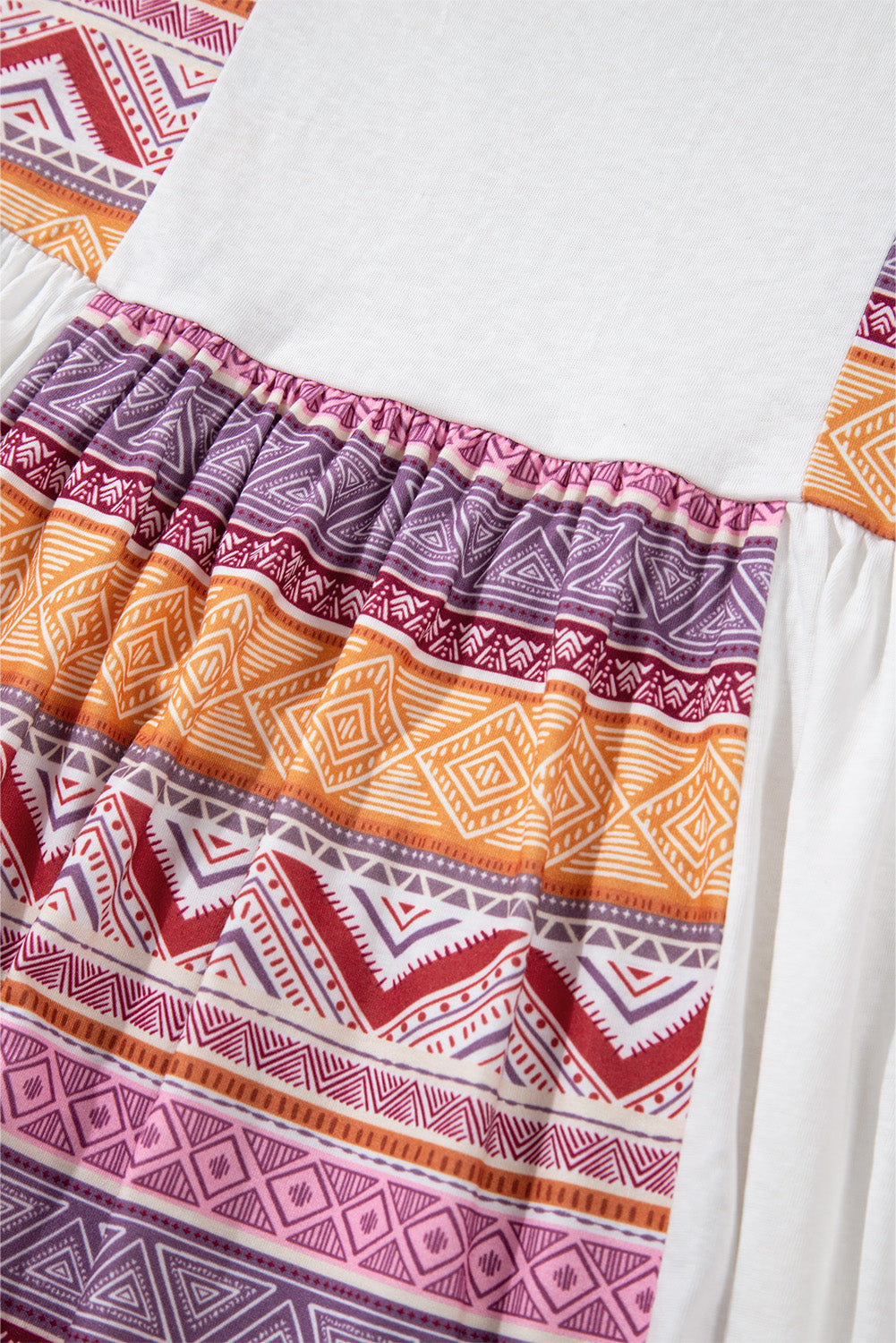 White Western Aztec Print Patchwork Ruffled Tunic Long Sleeve Babydoll Top Long Sleeve Tops JT's Designer Fashion