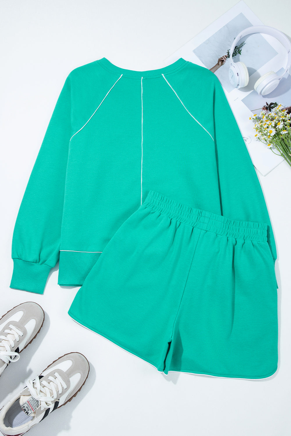 Dark Green Colorblock Trim V Neck Pullover Top and Shorts Set Short Sets JT's Designer Fashion