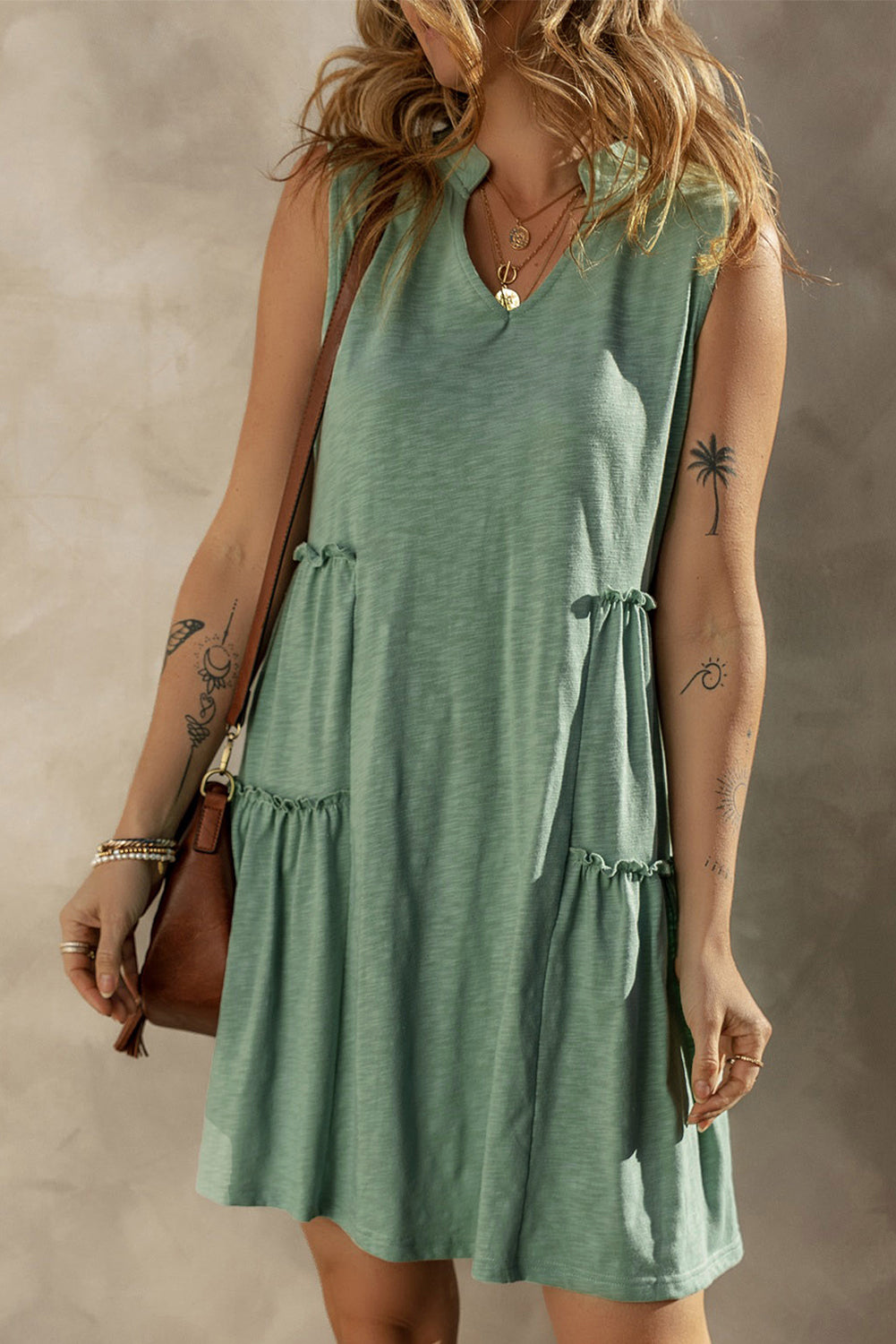 Moonlight Jade Split V Neck Tiered Flowy Sleeveless Dress Dresses JT's Designer Fashion
