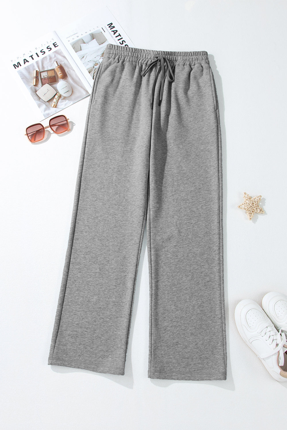 Light Grey Solid Color Fleece Lined Drawstring Waist Casual Pants Pants & Culotte JT's Designer Fashion