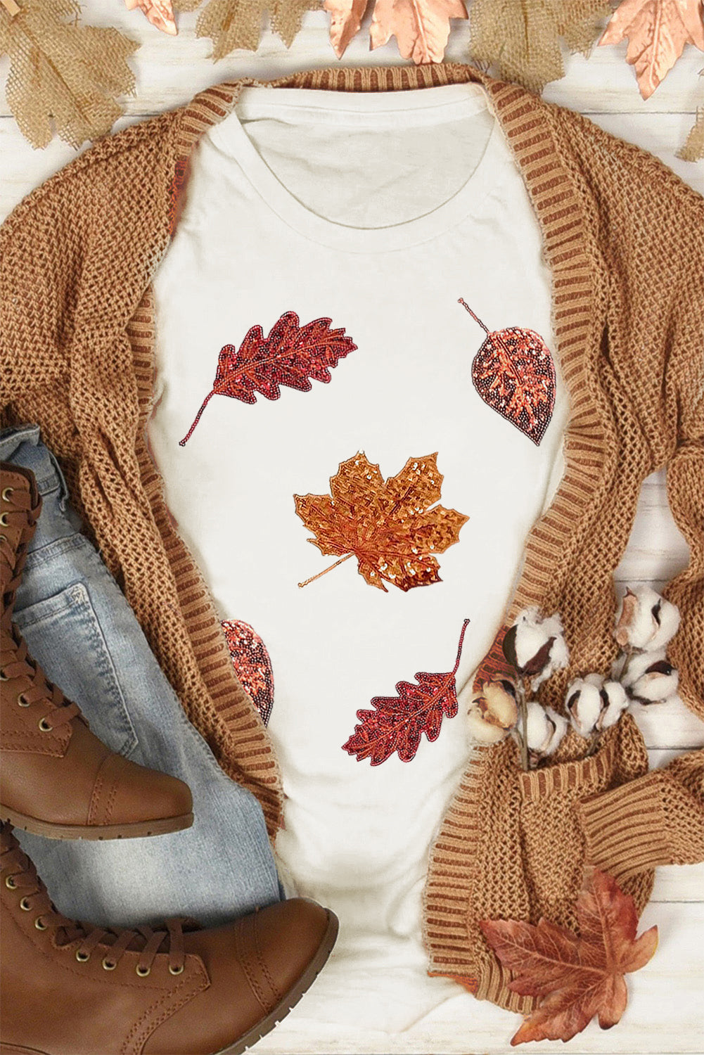White Halloween Sequined Leaves Graphic Crew Neck T Shirt Graphic Tees JT's Designer Fashion