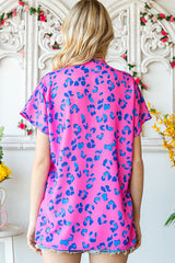 Rose Contrast Leopard Print Plus Size V Neck Blouse Plus Size JT's Designer Fashion