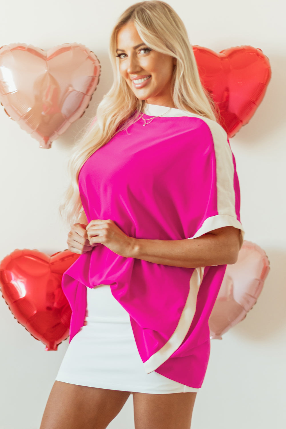 Rose Red Oversized Color Block Boat Neck Tunic Blouse Blouses & Shirts JT's Designer Fashion