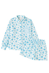 Sky Blue Floral Striped Print Contrast Patched Pocket Shirt and Shorts Set Short Sets JT's Designer Fashion