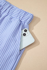 Sky Blue Stripe Dolman Sleeve Polo Shirt and Drawstring Shorts Set Short Sets JT's Designer Fashion