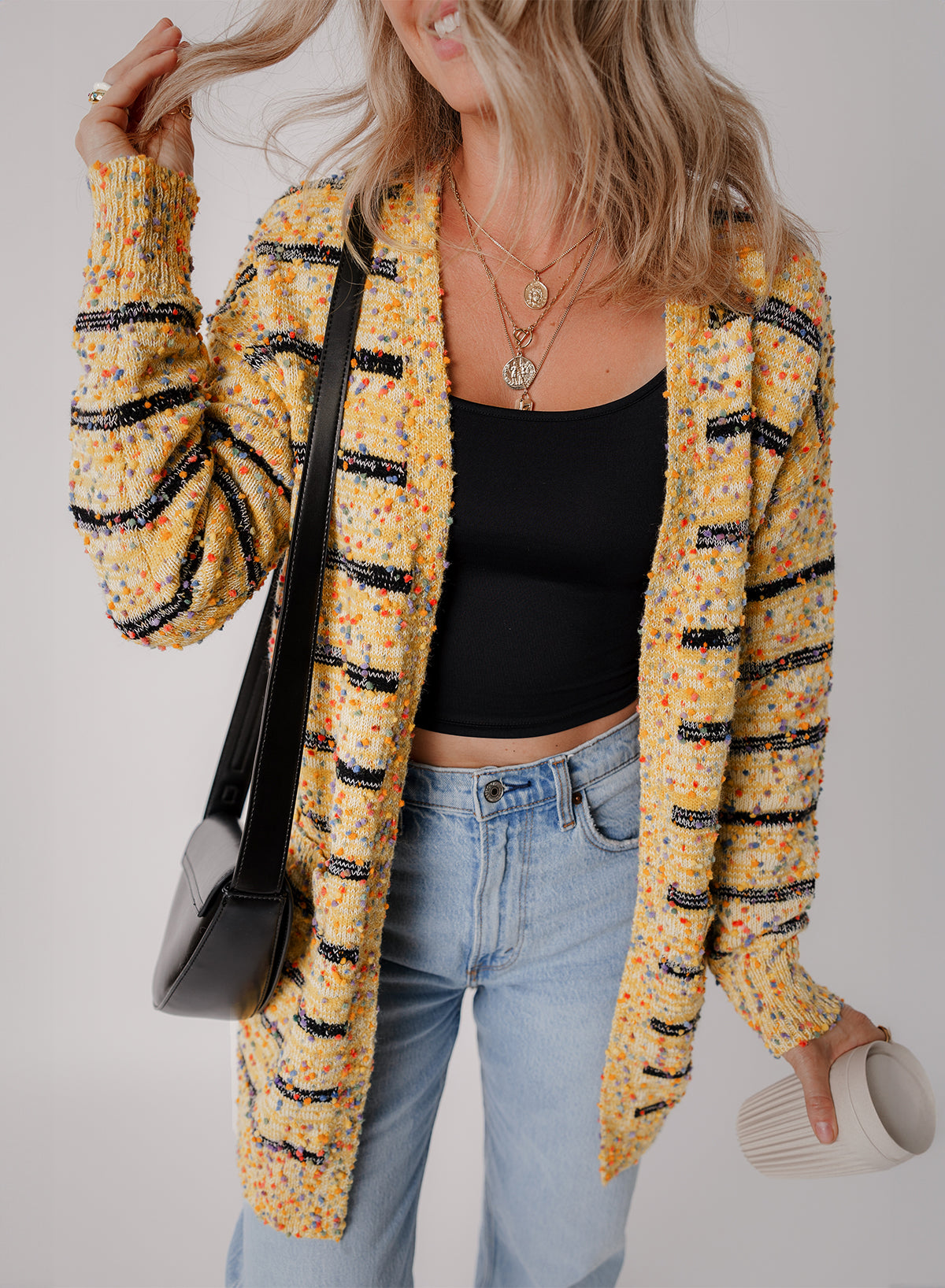 Beige Striped Pom Pom Knit Open Front Long Cardigan Cardigans JT's Designer Fashion