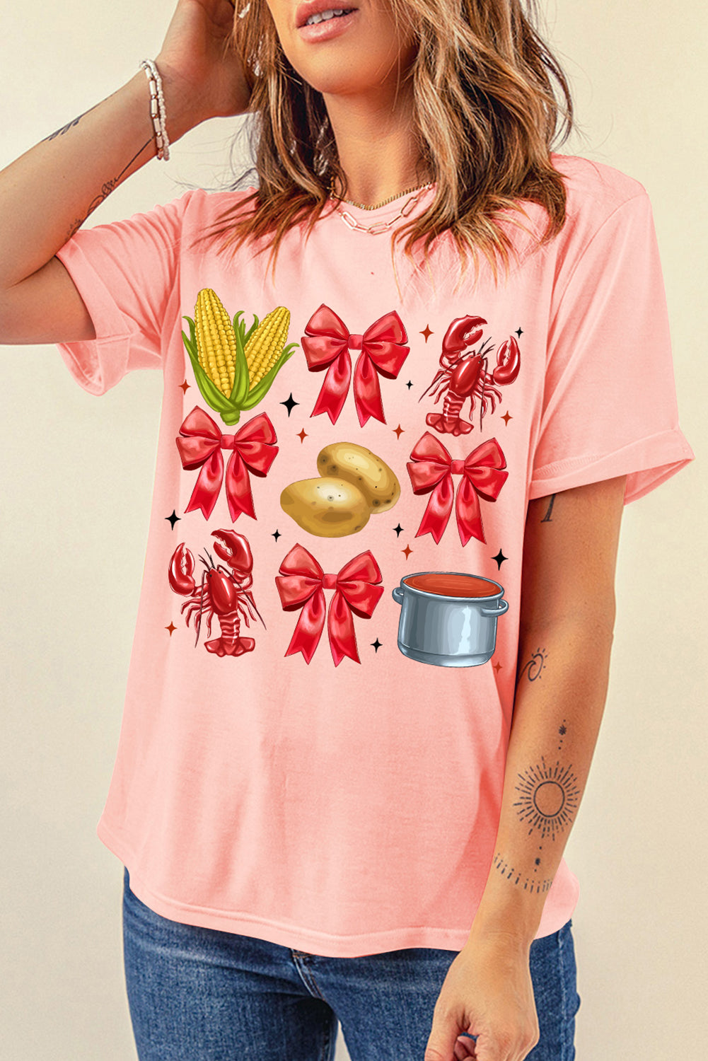 Pink Summer Food Bow Crawfish Printed T Shirt Graphic Tees JT's Designer Fashion