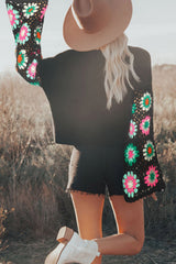 Black Floral Crochet Bell Sleeve Loose Sweater Sweaters JT's Designer Fashion