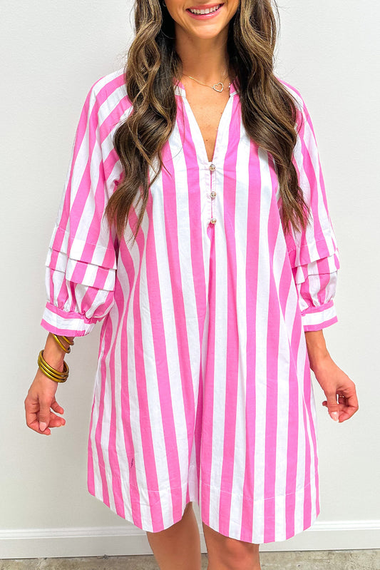 Rose Stripe Bracelet Sleeve Buttons Loose Mini Dress Rose Stripe 100%Polyester Mini Dresses JT's Designer Fashion
