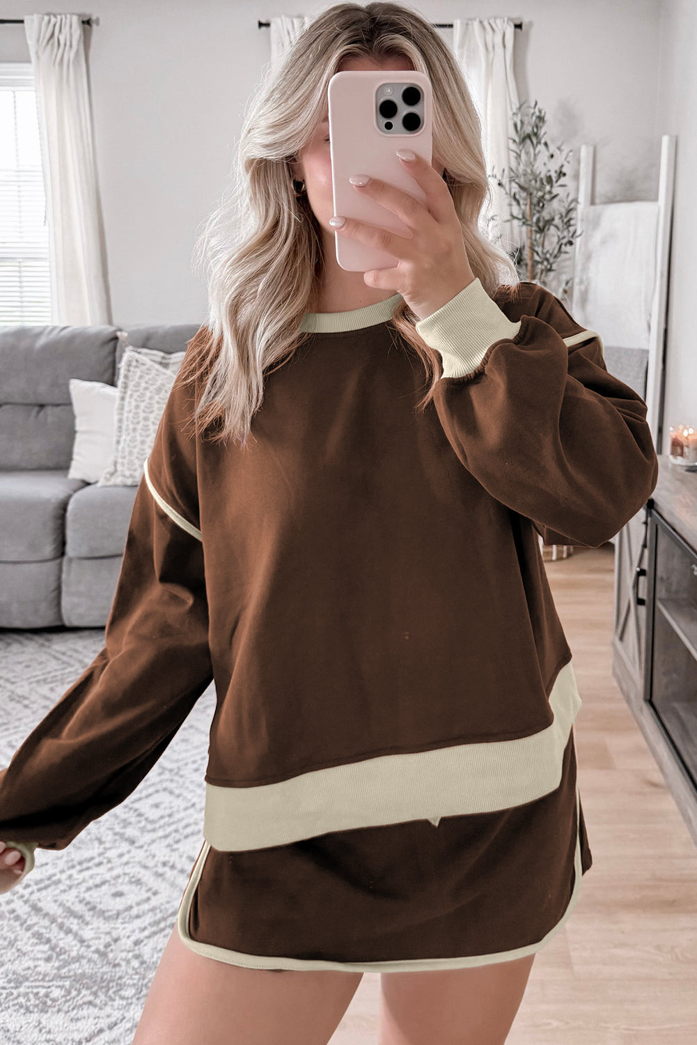 Coffee Color Contrast Loose Pullover and Lace-up Waist Skort Set Two Piece Dresses JT's Designer Fashion