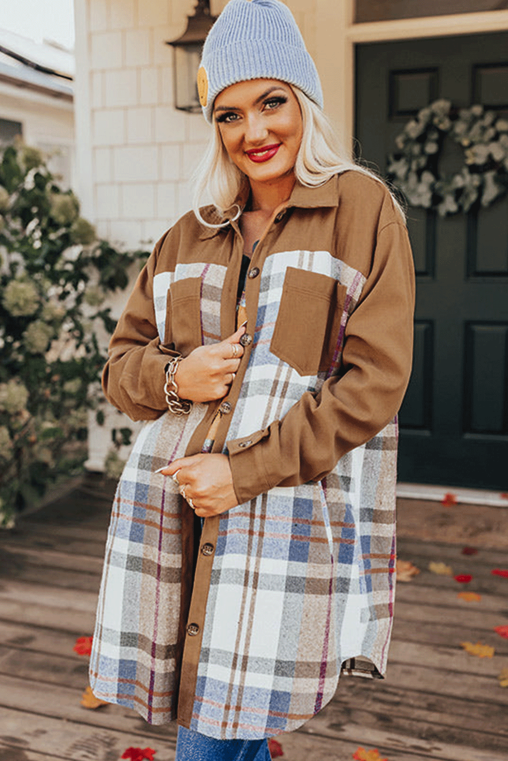 Khaki Plaid Patchwork Long Sleeve Shirt Mini Dress Mini Dresses JT's Designer Fashion