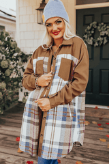Khaki Plaid Patchwork Long Sleeve Shirt Mini Dress Mini Dresses JT's Designer Fashion