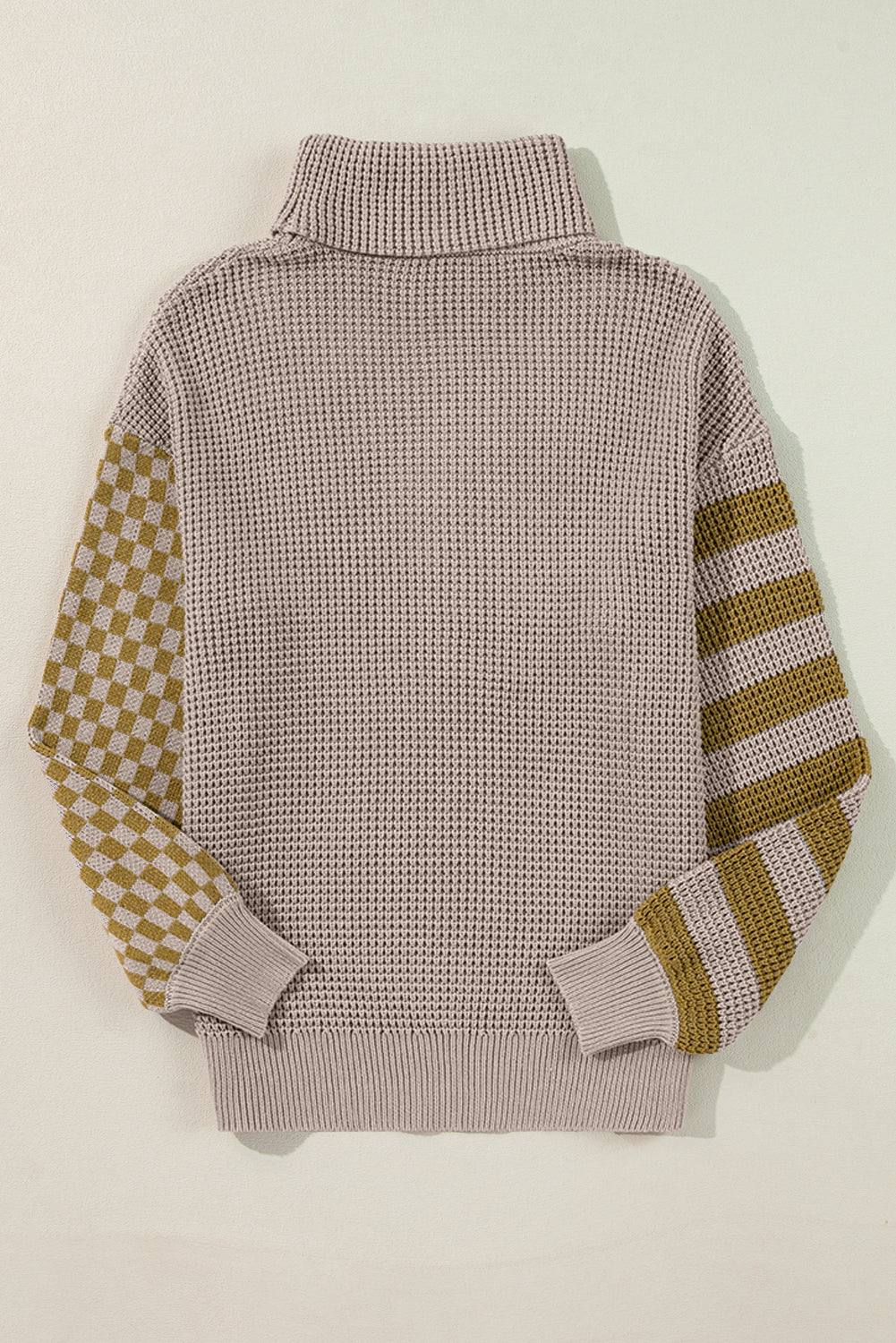 Smoke Gray Striped Plaid Patchwork Waffle Knit Turtleneck Sweater Sweaters JT's Designer Fashion