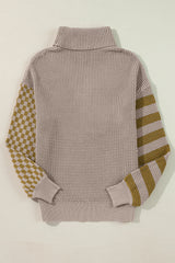 Smoke Gray Striped Plaid Patchwork Waffle Knit Turtleneck Sweater Sweaters JT's Designer Fashion