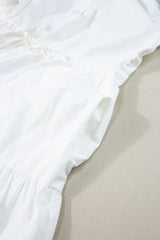 White Colorblock Rickrack Trim Short Sleeve Drawstring Waist Long Dress Maxi Dresses JT's Designer Fashion