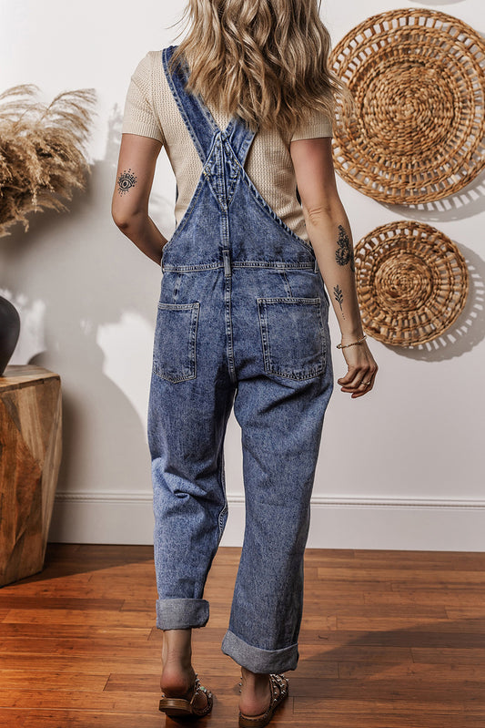 Sail Blue Denim Bib Straight Leg Jumpsuit with Pockets Jumpsuits & Rompers JT's Designer Fashion