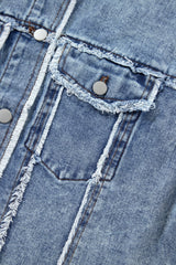 Beau Blue Plaid Print Patchwork Hooded Raw Hem Denim Jacket Denim Jackets JT's Designer Fashion