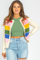 White Stripe Colorful Pattern Button Front Sweater Cardigan Cardigans JT's Designer Fashion