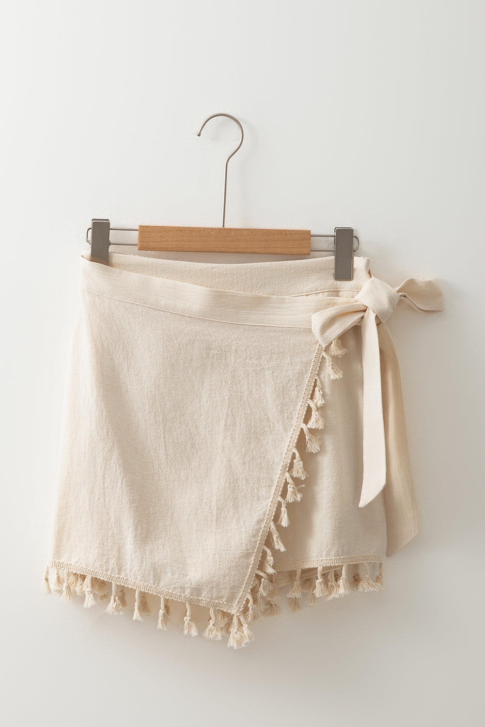Apricot Tassel Trim Wrap Knot Side Bohemian Style Mini Skort Casual Shorts JT's Designer Fashion