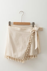 Apricot Tassel Trim Wrap Knot Side Bohemian Style Mini Skort Casual Shorts JT's Designer Fashion