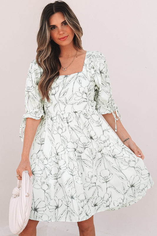 Beige Floral Print Square Neck Shirred Back Puff Sleeve Mini Dress Beige 100%Polyester Floral Dresses JT's Designer Fashion