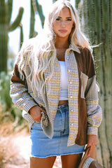 Khaki Houndstooth Color Contrast Textured Patchwork Loose Shacket Jackets JT's Designer Fashion